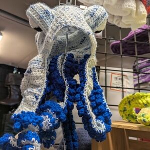 Blue and White crocheted Kracken hat